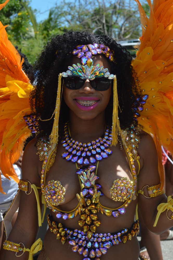 Detail of a Bahamas Carnival costume with feathers and beadwork.