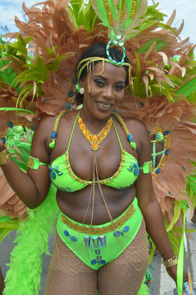 Bahamas Carnival masquerader posing in costume on the road.