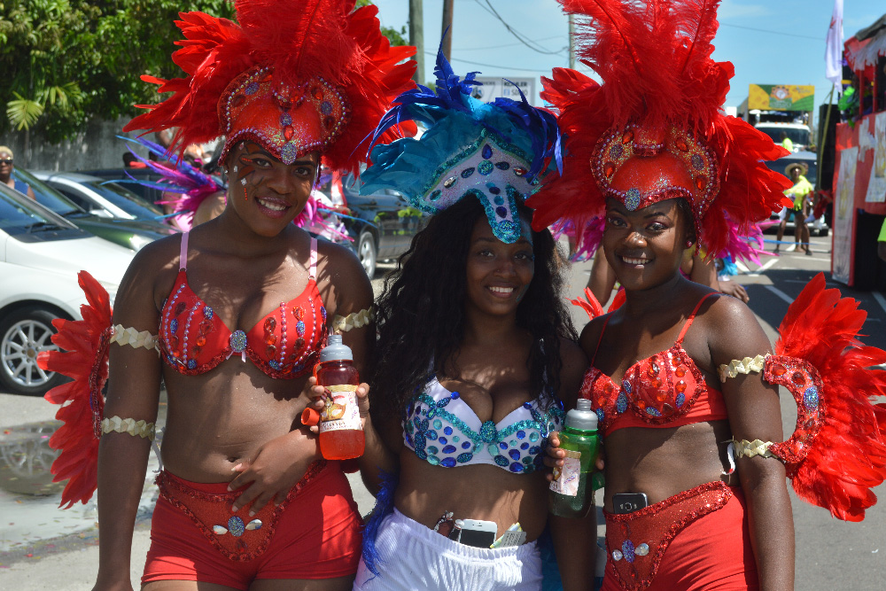 Full-costume revellers dancing during the Bahamas Carnival Road March.