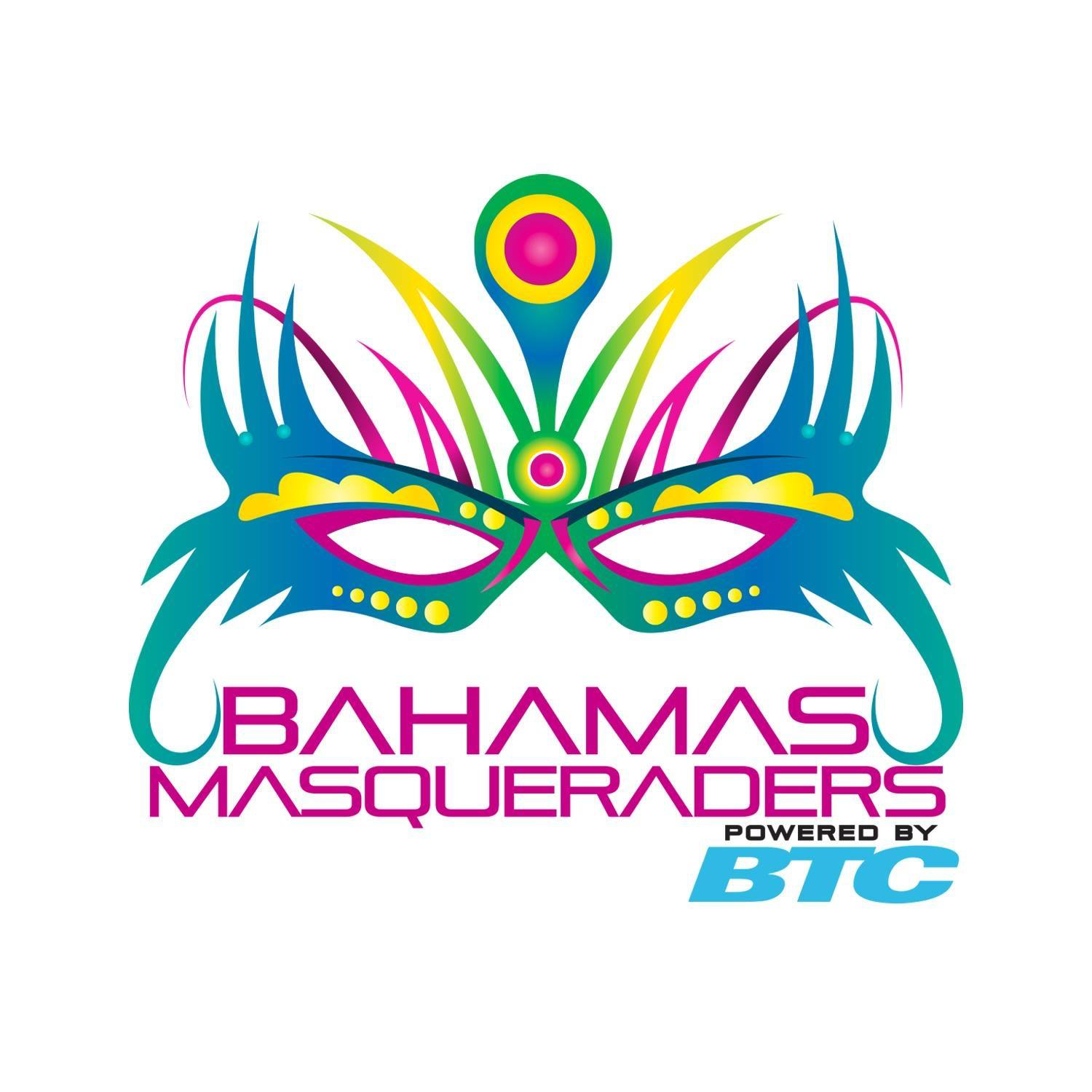 Bahamas Masqueraders logo featuring a stylised teal and pink masquerade mask with feather details and BTC sponsorship text.