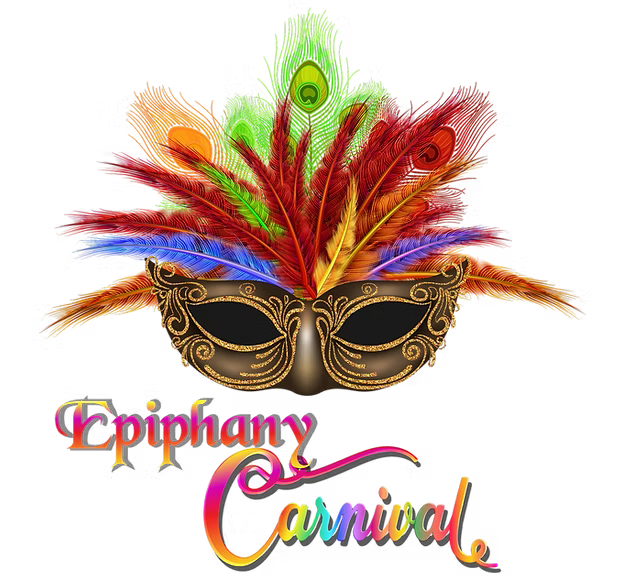 Epiphany Carnival logo featuring an ornate gold masquerade mask with vibrant peacock feathers and colourful script lettering.