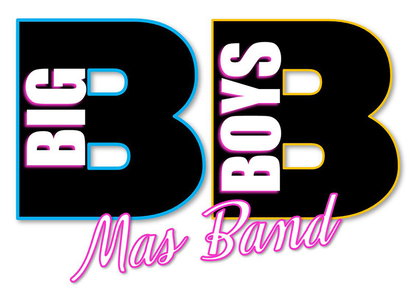 Jade Carnival logo featuring bold Big Boys BB letterforms in black, blue and yellow outlines with neon pink Mas Band script lettering.